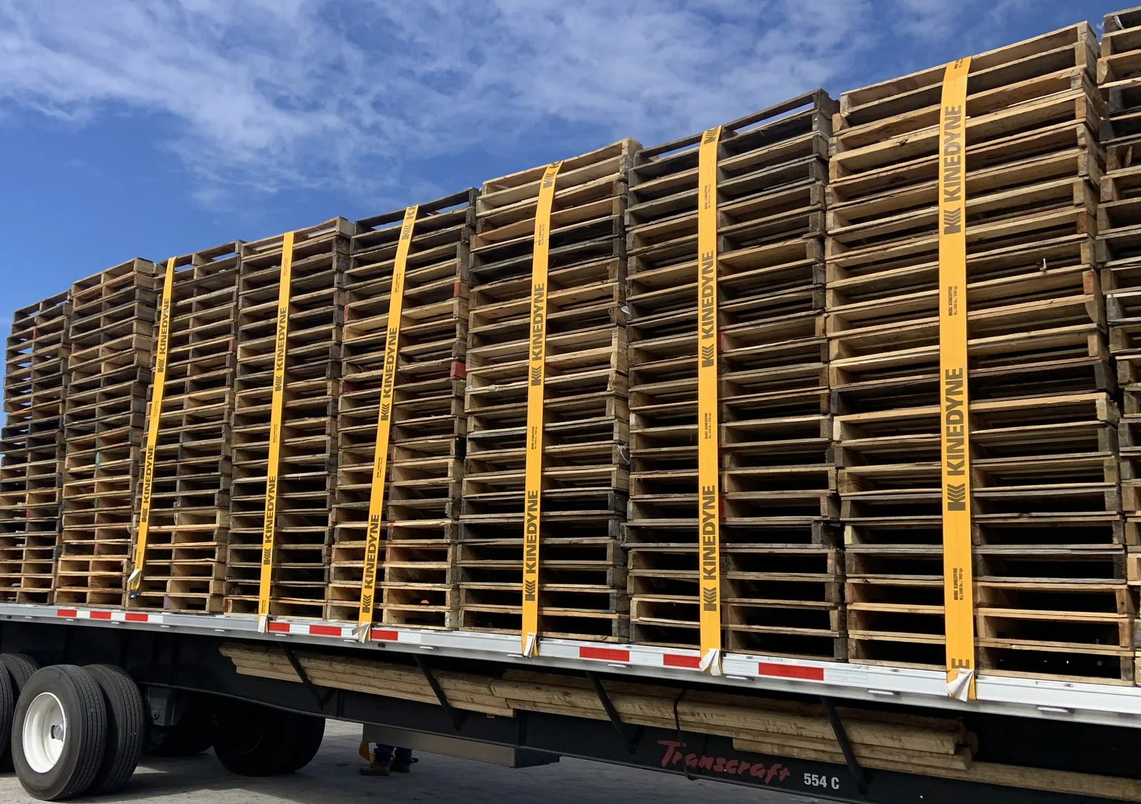 Strapped flatbed pallet load secured for transit